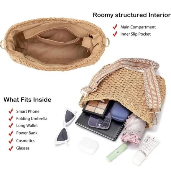 New Small Handmade Straw Pocketbook Crossbody Bag - Picture 7 of 10